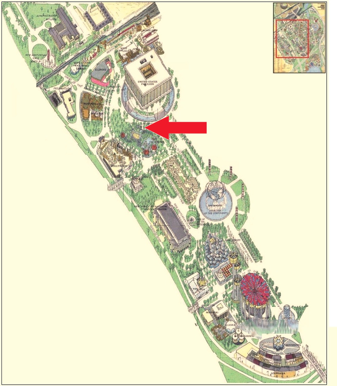 Proposed Heartland States U.S.A. location on the Federal and State Area of the 1964 Official Souvenir Map, with a red arrow pointing to the site