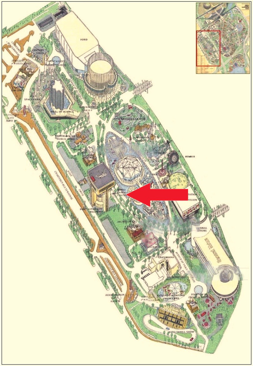 Hertz Travel Center location on the Transportation Area of the 1964 Official Souvenir Map, with a red arrow pointing to Hertz