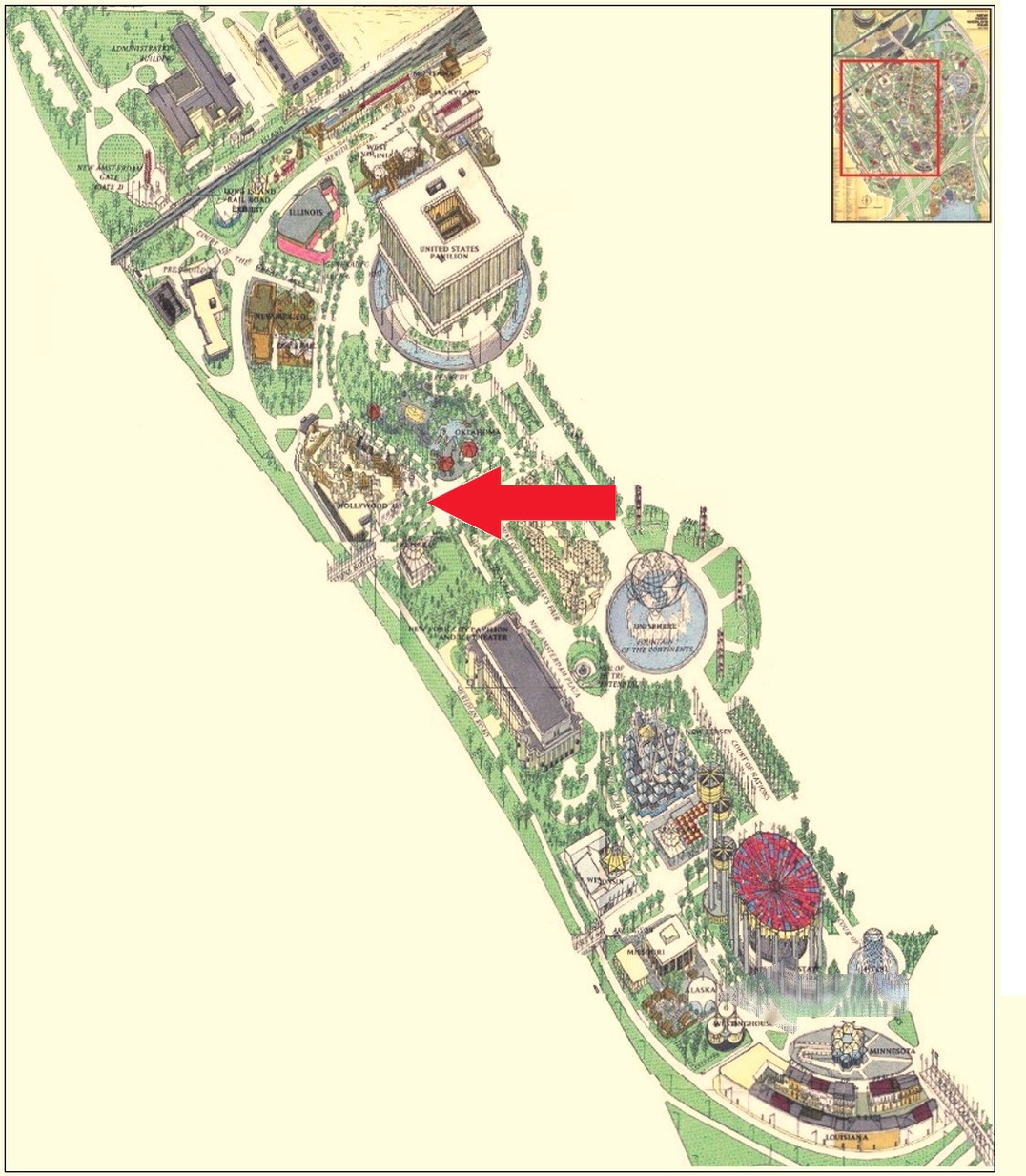 Hollywood U.S.A. Pavilion location on the Federal and State Area of the 1964 Official Souvenir Map, with a red arrow pointing to Hollywood