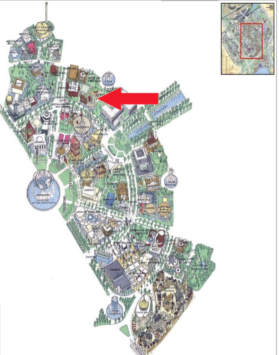 Hong Kong pavilion location on the International Area of the 1964 Official Souvenir Map, with a red arrow pointing to Hong Kong