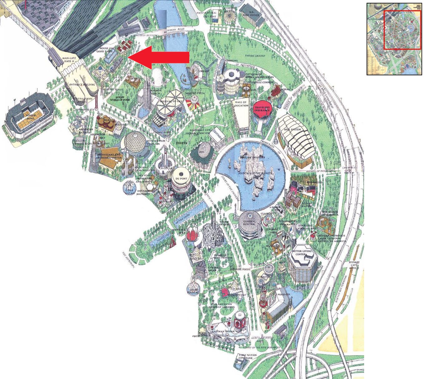 House of Good Taste location on the Industrial Area of the 1964 Official Souvenir Map, with a red arrow pointing to the pavilion
