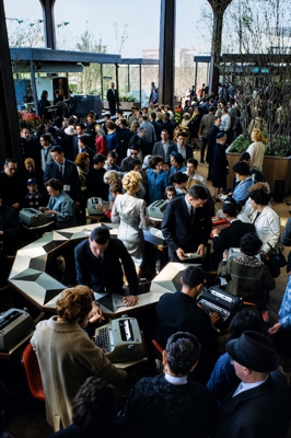Fairgoers type on IBM's New Selectric Typewriters