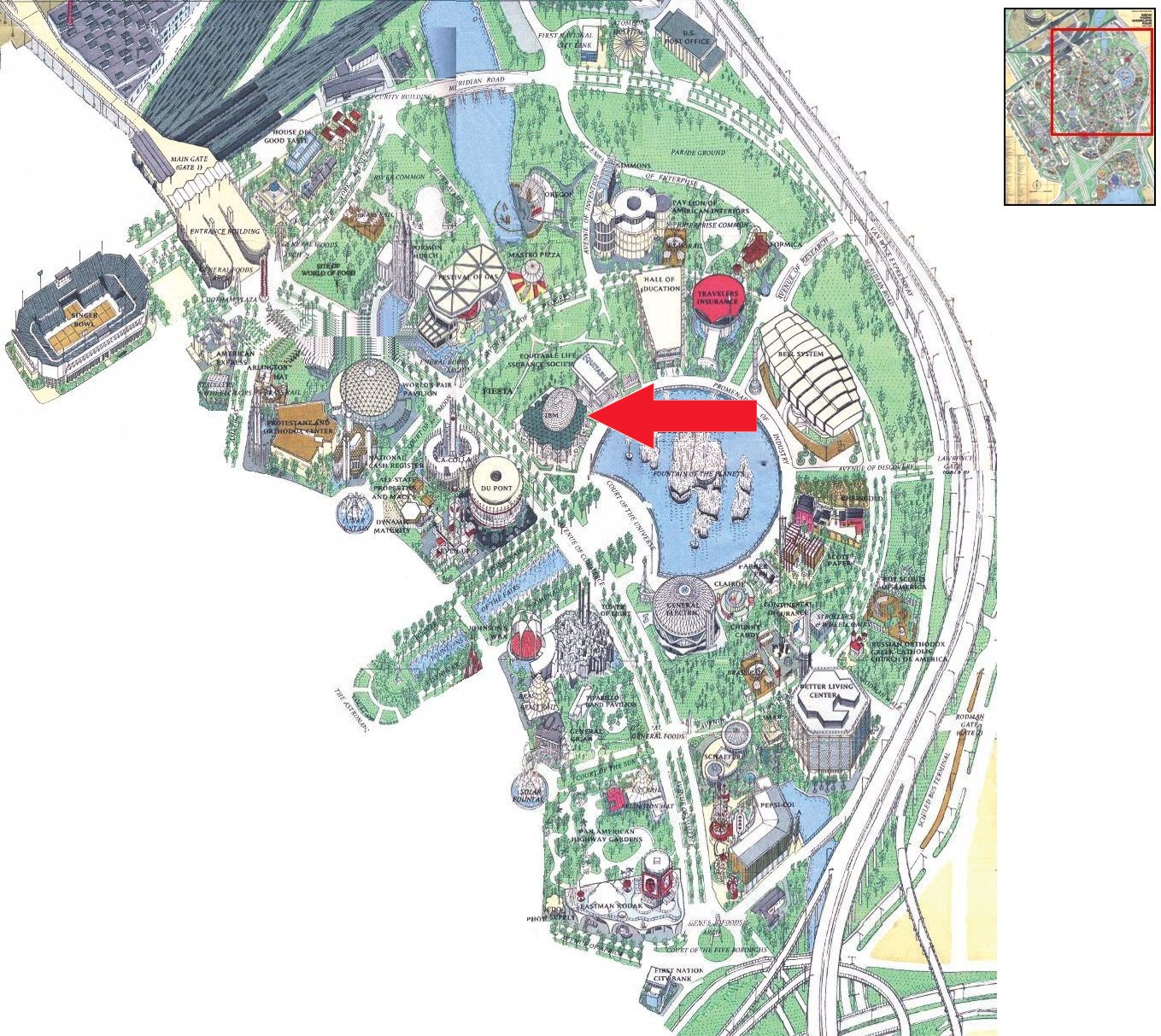 IBM Pavilion location on the Industrial Area of the 1964 Official Souvenir Map, with a red arrow pointing to the IBM Pavilion