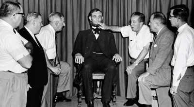 Walt Disney explains characteristics of the Lincoln audioanimatronic figure.