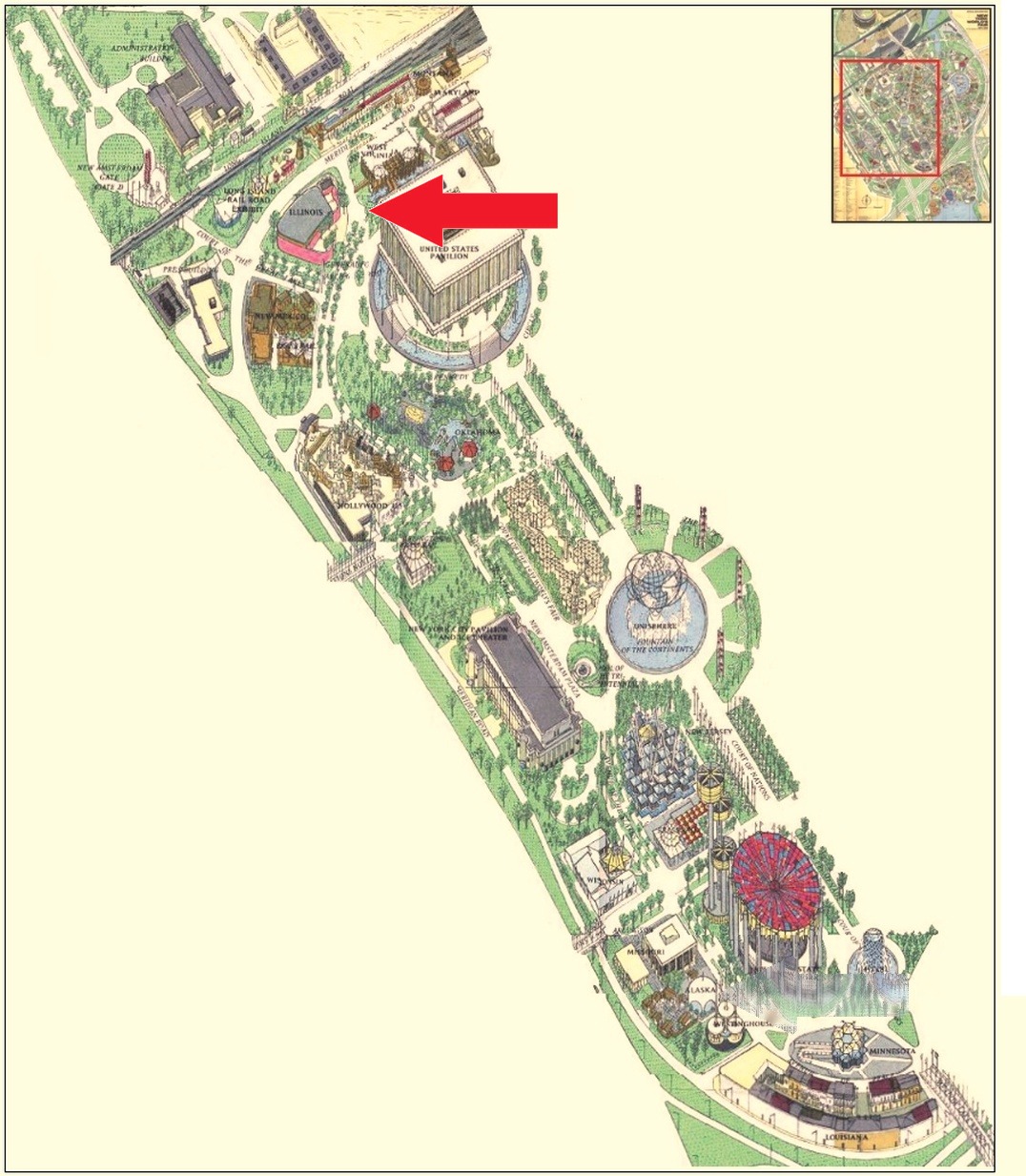 Illinois Pavilion location on the Federal and State Area of the 1964 Official Souvenir Map, with a red arrow pointing to Illinois