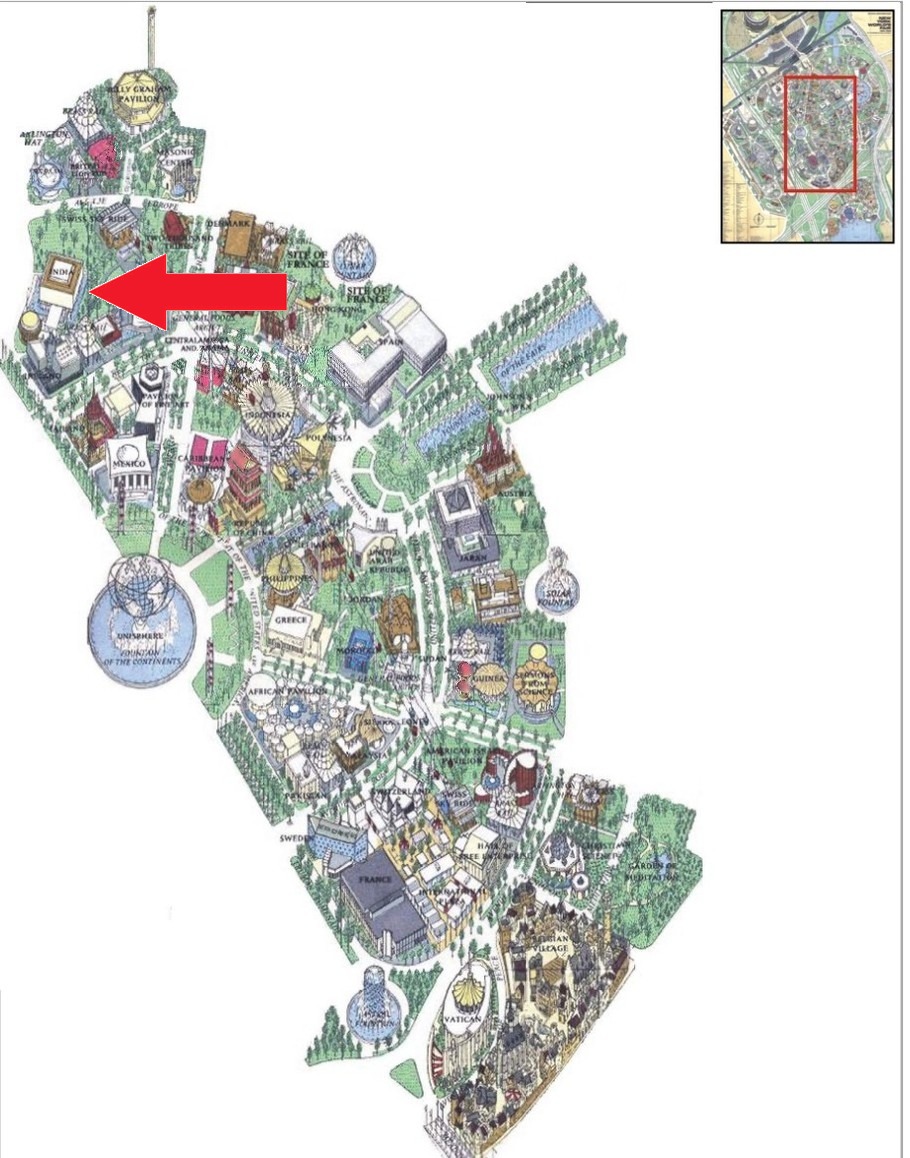 India pavilion location on the International Area of the 1964 Official Souvenir Map, with a red arrow pointing to India
