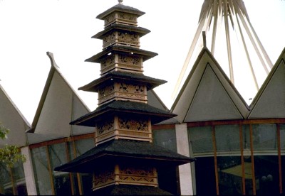 Close-up view of the Meru pagoda-like structure