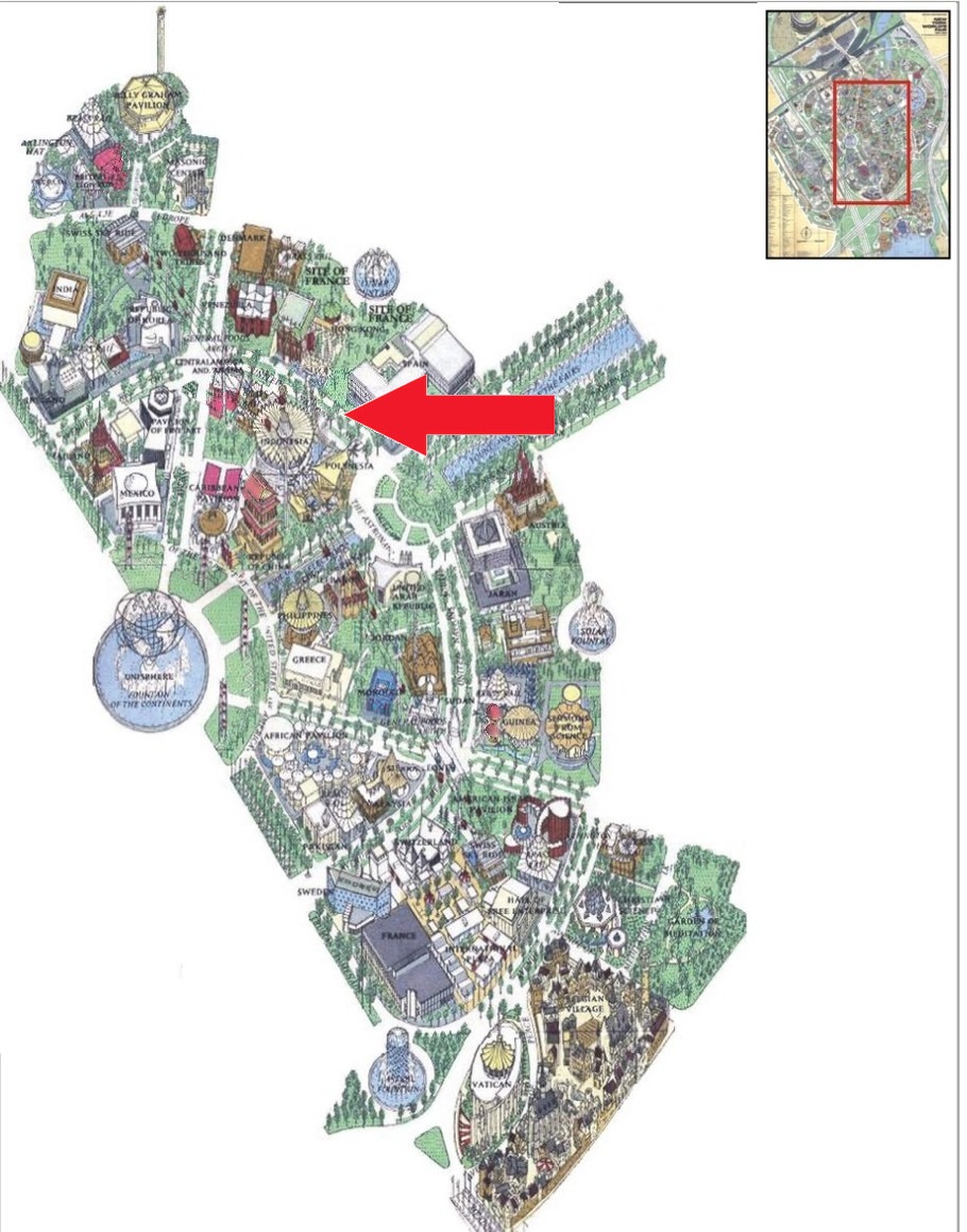 Indonesia pavilion location on the International Area of the 1964 Official Souvenir Map, with a red arrow pointing to Indonesia