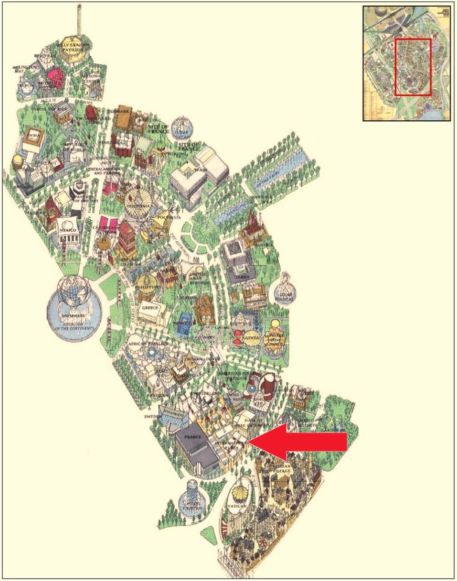 International Plaza location on the International Area of the 1964 Official Souvenir Map, with a red arrow pointing to International Plaza