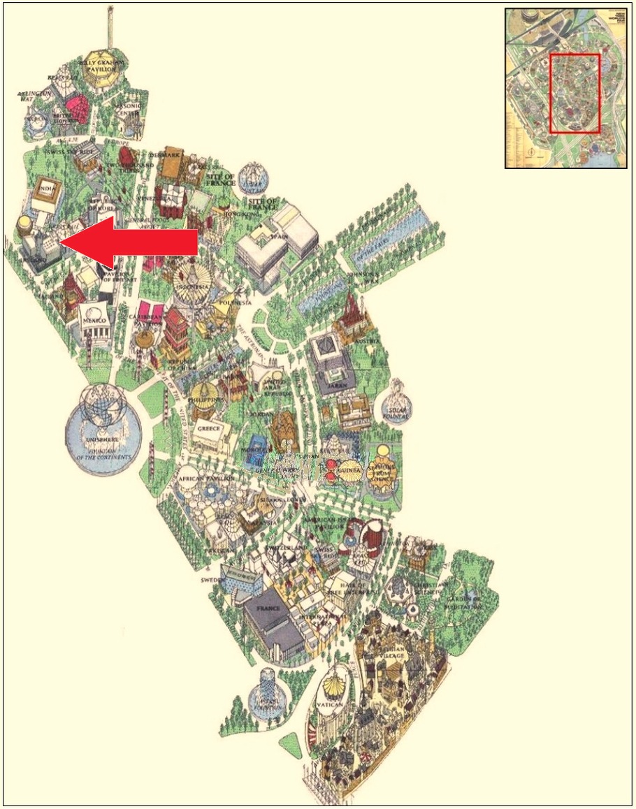 Ireland pavilion location on the International Area of the 1964 Official Souvenir Map, with a red arrow pointing to Ireland