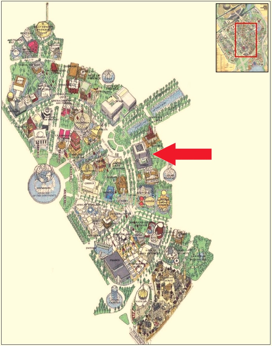 Japan pavilion location on the International Area of the 1964 Official Souvenir Map, with a red arrow pointing to Japan