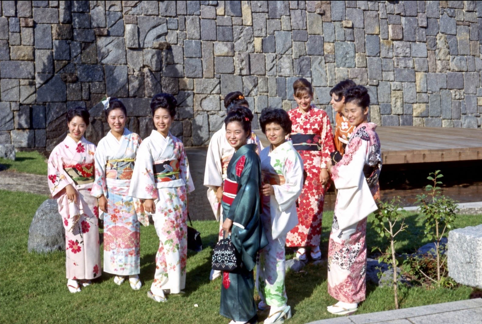 Japan pavilion — exhibits behind a sculptured stone wall