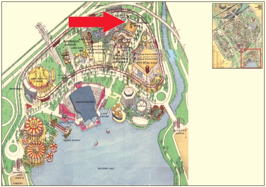 Jaycopter Ride location on the Lake Amusement Area of the 1964 Official Souvenir Map, with a red arrow pointing to the Jaycopter Ride