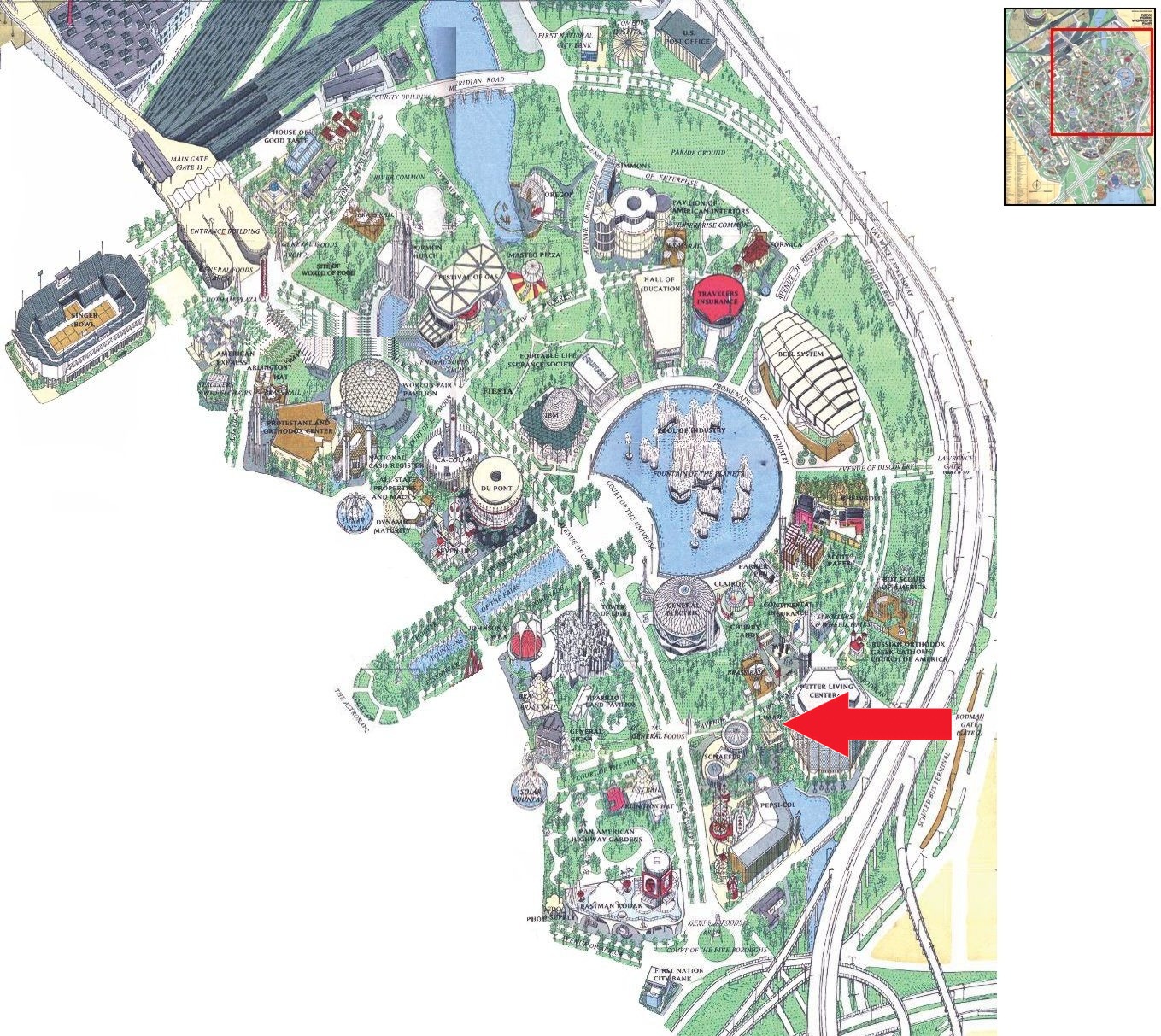 Julimar Farm location on the Industrial Area of the 1964 Official Souvenir Map, with a red arrow pointing to the pavilion