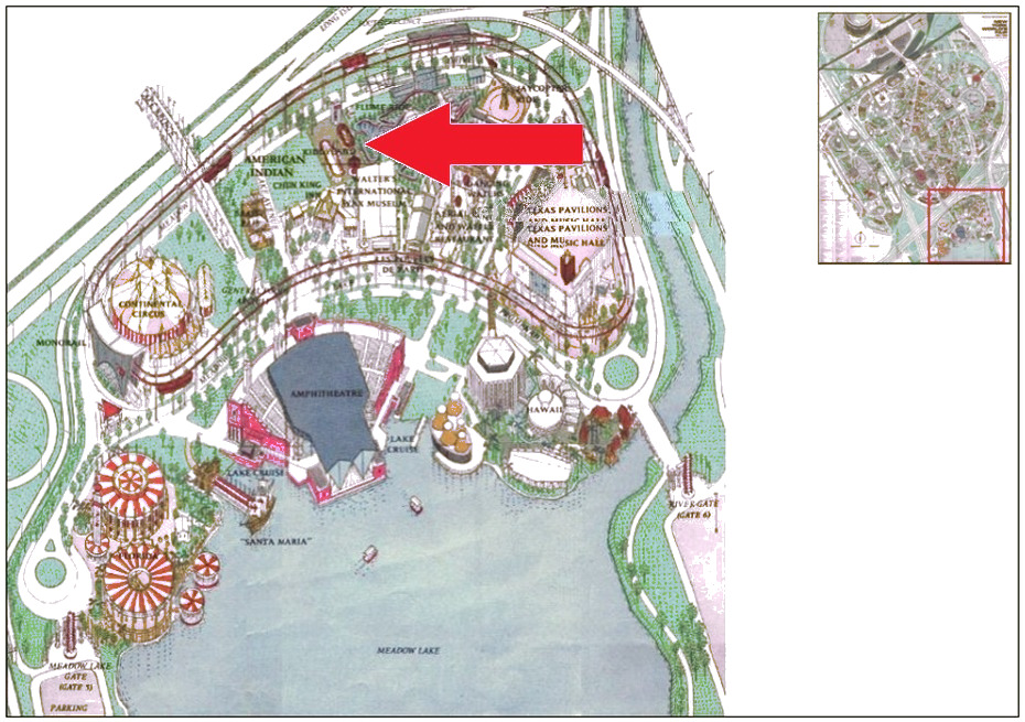 Kiddyland location on the Lake Amusement Area of the 1964 Official Souvenir Map, with a red arrow pointing to Kiddyland
