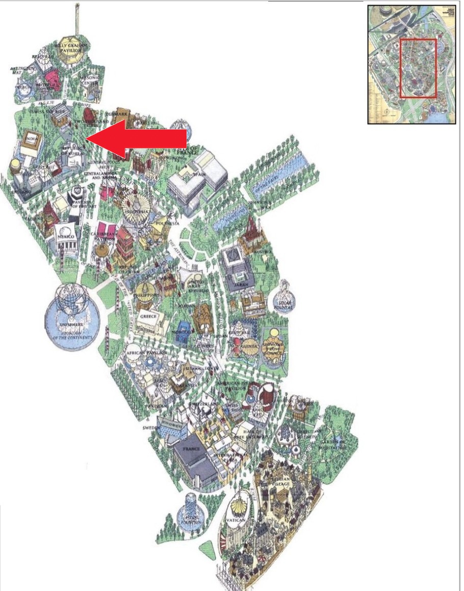 Korea, Republic of pavilion location on the International Area of the 1964 Official Souvenir Map, with a red arrow pointing to Korea