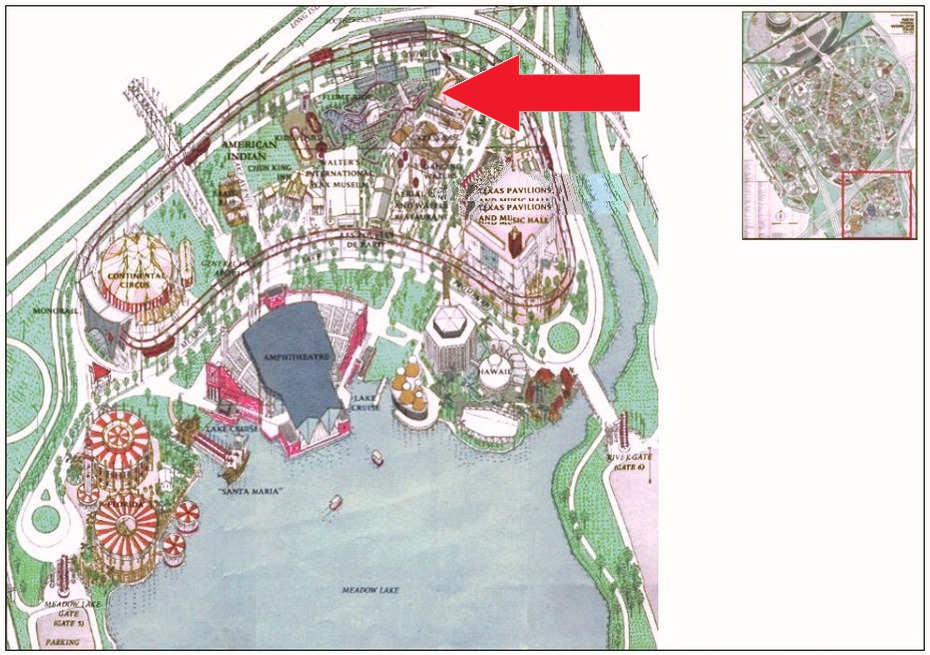 Log Flume Ride location on the Amusement Area of the 1964 Official Souvenir Map, with a red arrow pointing to the Flume Ride