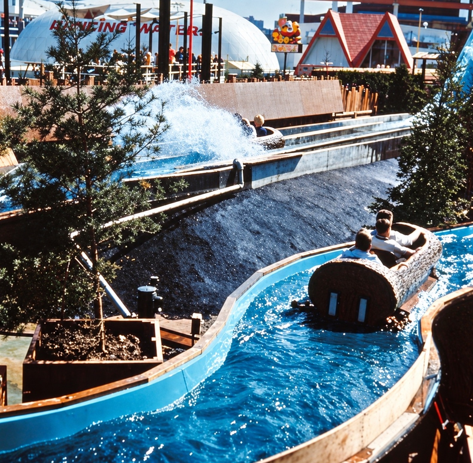 Flume Ride — water-borne roller coaster splash into swirling rapids