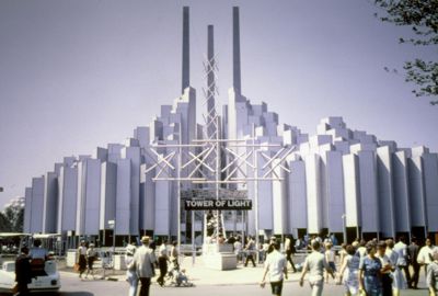 World's most powerful searchlight beam rises from center of Electric Power and Light Pavilion