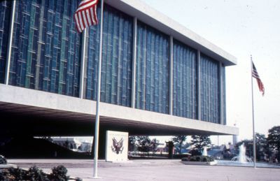 330-foot building of multi-colored glass - United States Pavilion