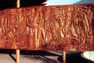 Elaborate panel of carved wood on display in Philippines Pavilion