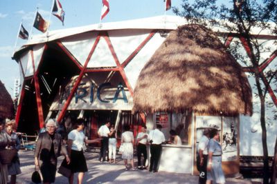 Main entrance village of round huts in African Pavilion