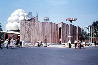 American-Israel Pavilion - spiral shaped building with boulders from King Solomon's Mines at entrance
