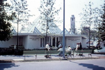 Christian Science Pavilion topped by a heptagonal pyramid of glass