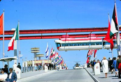 AMF Monorail takes passengers on scenic ride over flag-lined Meadow Lake Bridge