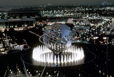 Fair's Symbol, Fountains of the Fair, aglow against night sky