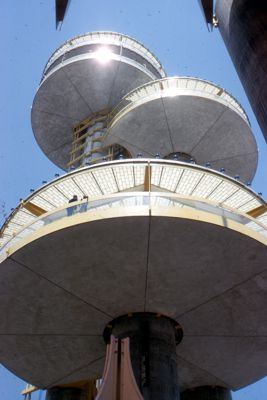 Close view of New York State's pavilion towers - tallest, an observation tower is 226-feet high