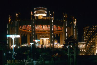 New York State pavilion and towers at night - Astral Fountain on right