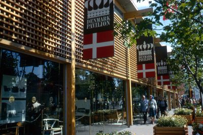 Denmark Pavilion - striking building of natural wood and glass