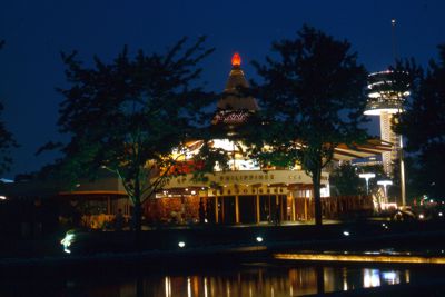 Night shot of Philippine Pavilion built in shape of salakot, wide-brimmed sun hat of Islanders