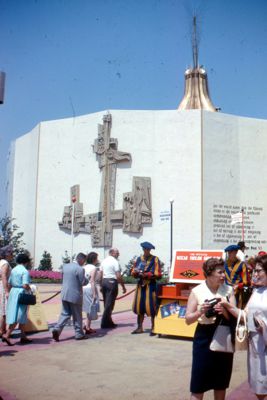 Stylized cross, "Communion of Saints", outside entrance of Vatican Pavilion
