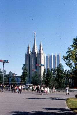 Striking three towered Mormon Church Pavilion, replica of famous Salt Lake City Temple