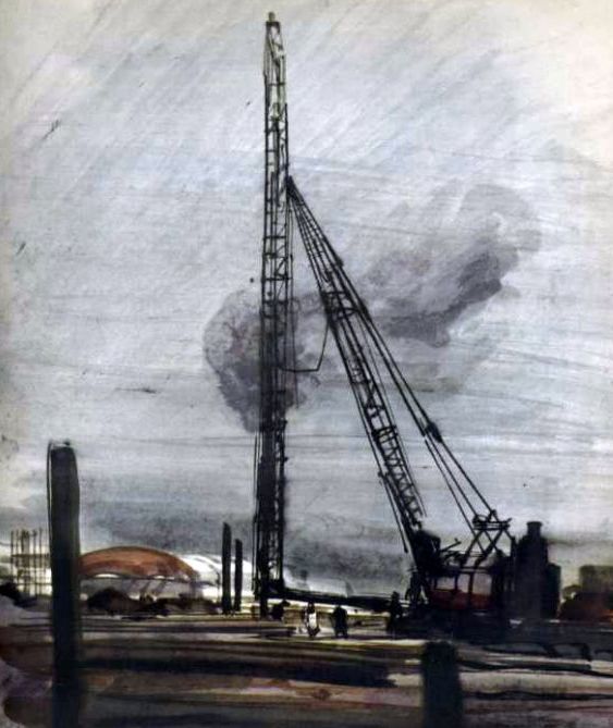 Men at Work — pile driver at the Fair site