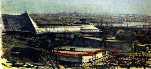 Men at Work — view from Top of the Fair toward General Motors, Socony Mobil, and Greyhound