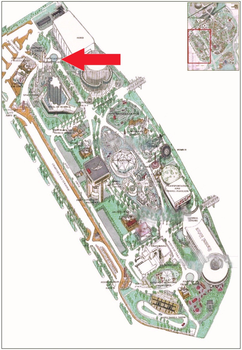 Fountain of Progress North location on the Transportation Area of the 1964 Official Souvenir Map, with a red arrow pointing to the fountain
