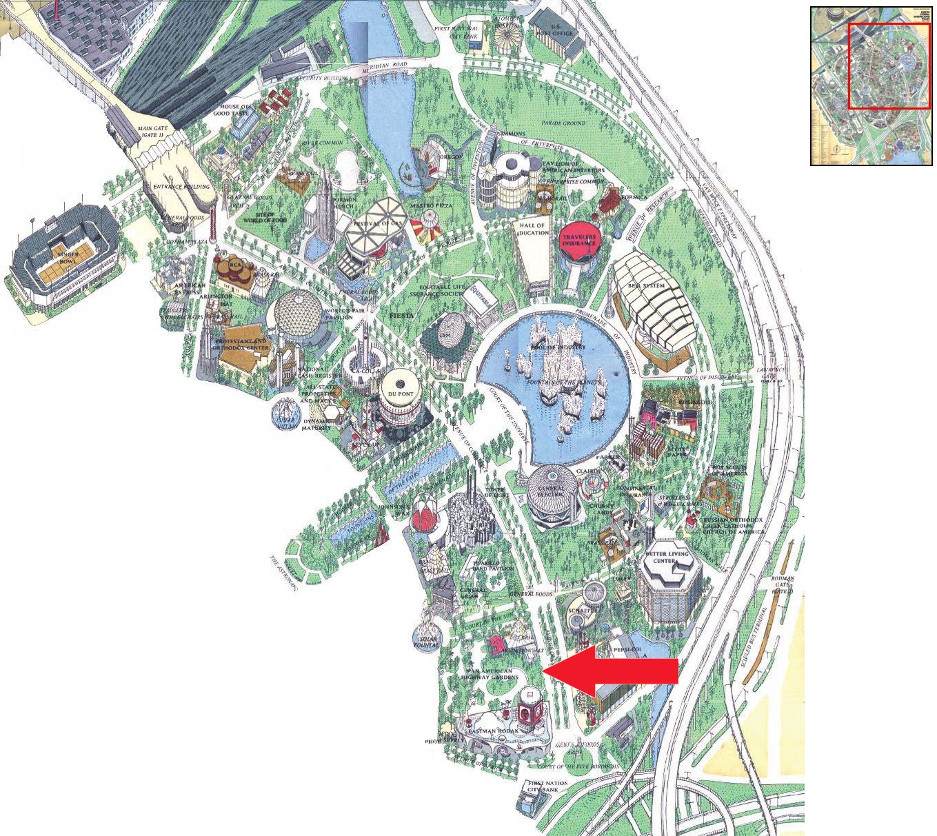 Pan American Highway Gardens location on the Industrial Area of the 1964 Official Souvenir Map, with a red arrow pointing to the gardens