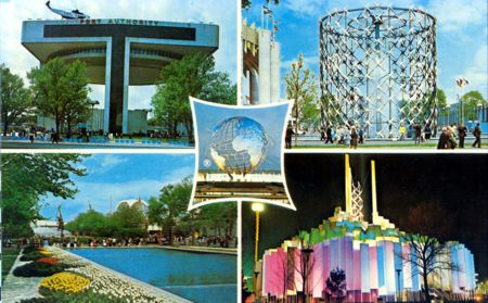 5 Picture layout - Port Authority Heliport - Pool - Astral Fountain - Tower of Light - Unisphere official postcard No. 88473-B