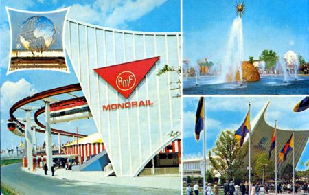 3 Picture layout - Monorail - Solar Fountain - General Motors official postcard No. 88475-B
