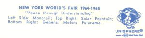 Reverse — 3 Picture layout - Monorail - Solar Fountain - General Motors official postcard