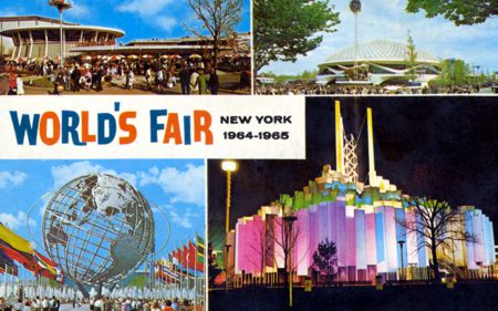 4 Picture layout - Schaefer Center - Unisphere - G.E. Pavilion - Tower of Light official postcard No. 88471-B