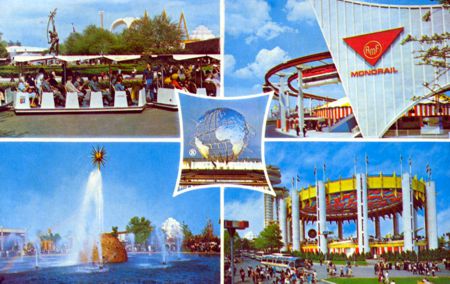 5 Picture layout - Glide-A-Ride - Solar Fountain - Monorail - N.Y.S. - Unisphere official postcard No. 88472-B