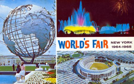 3 Picture layout - Unisphere - Fountain of Planets - Shea Stadium official postcard No. 88476-B