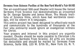 Reverse — Sermons from Science exhibitor postcard