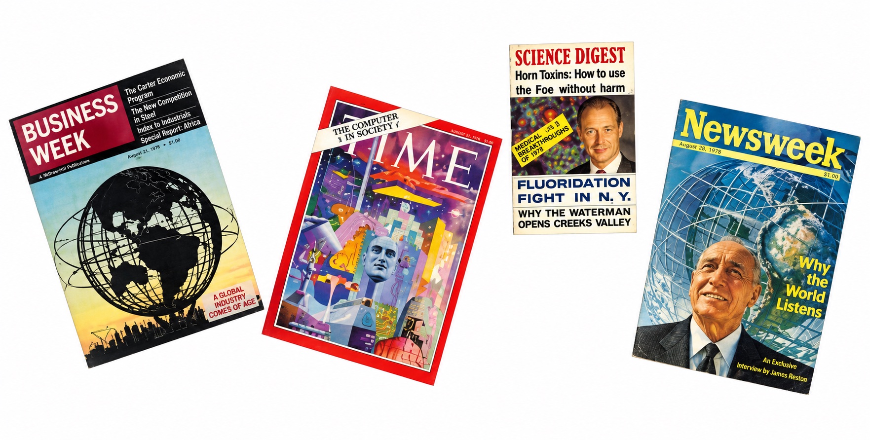 Magazine covers of Business Week, Time, Science Digest, and Newsweek from the Fair era