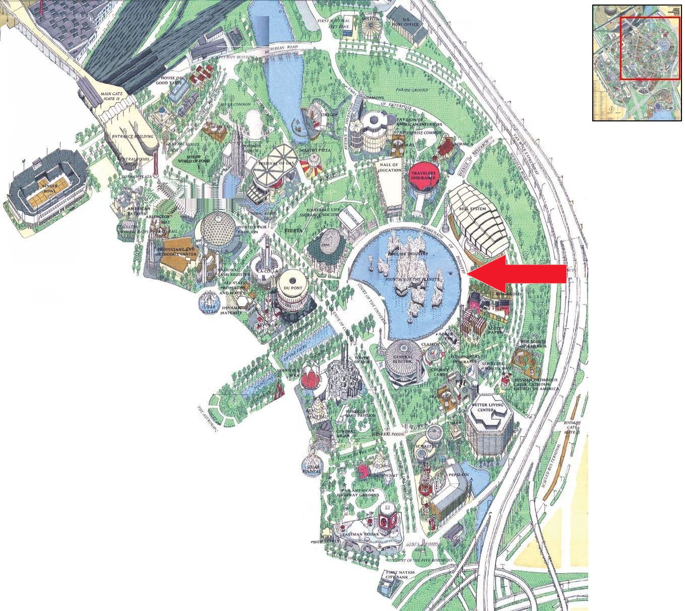 Pool of Industry location on the Industrial Area of the 1964 Official Souvenir Map, with a red arrow pointing to the pool