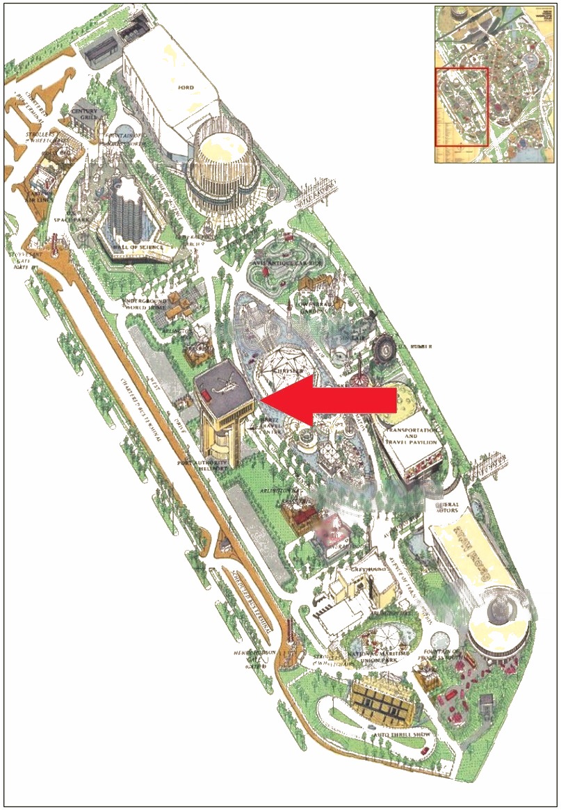 Port Authority Heliport location on the Transportation Area of the 1964 Official Souvenir Map, with a red arrow pointing to the Port Authority Heliport